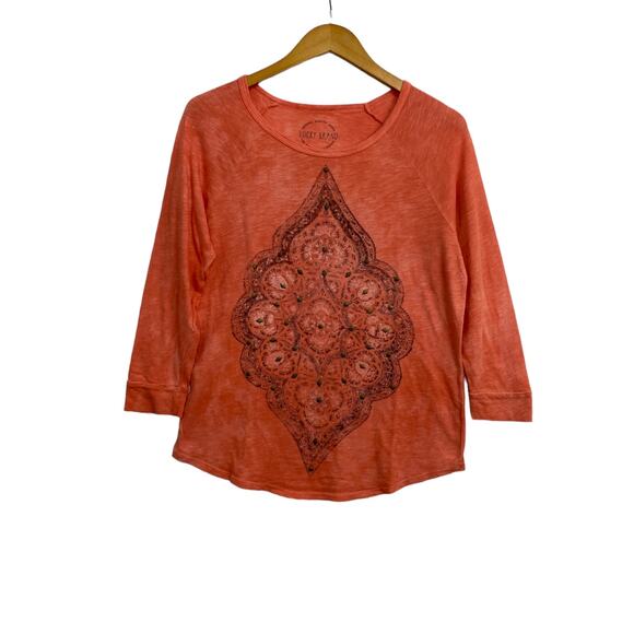 Lucky Brand Tie Dye Top Women's Size Small Orange Bronze Studs Round Neck Casual - Picture 1 of 6